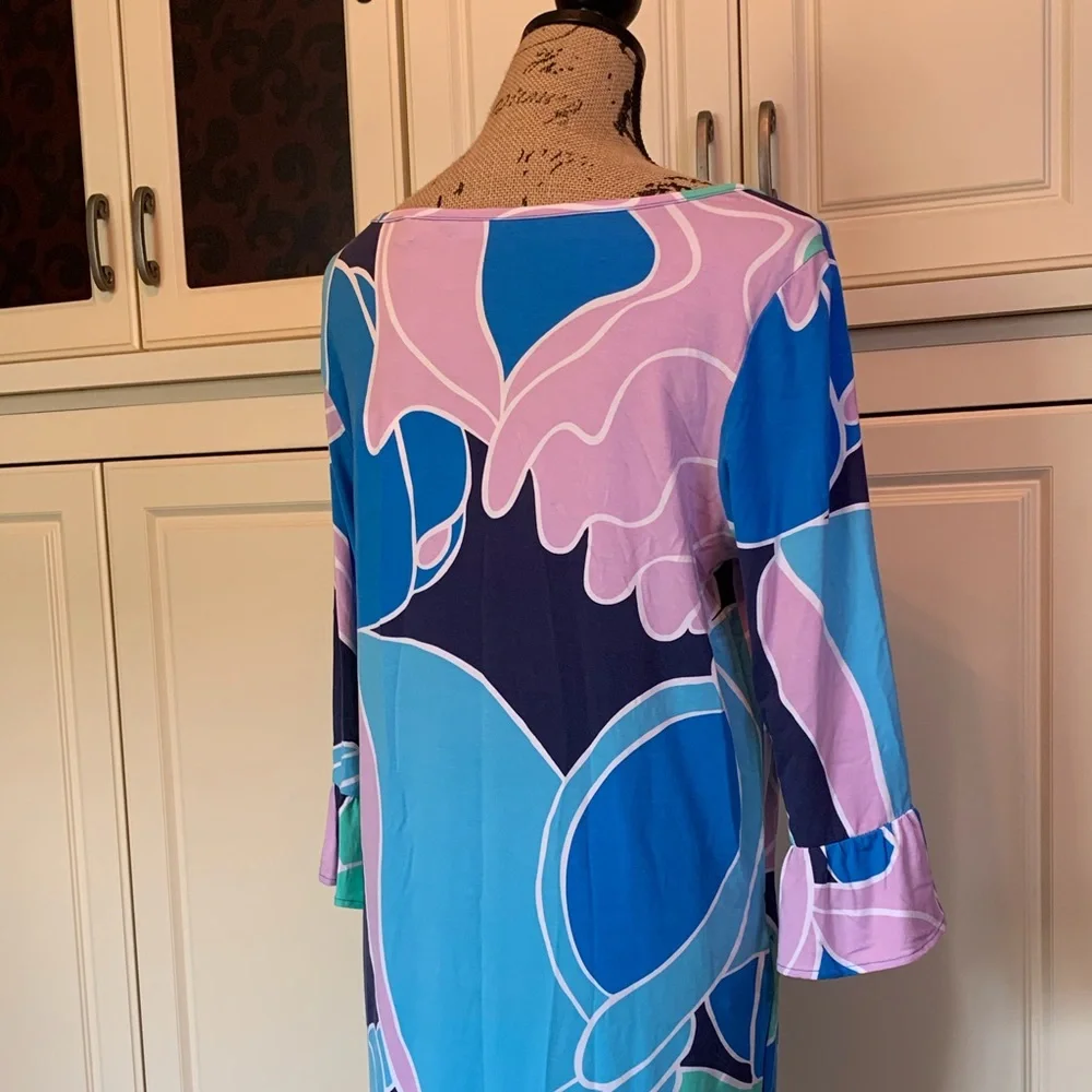 Tori Richard Dress L – Blue Teal & Lavender Print, Boat Neck Light Resort ready - Picture 2 of 4